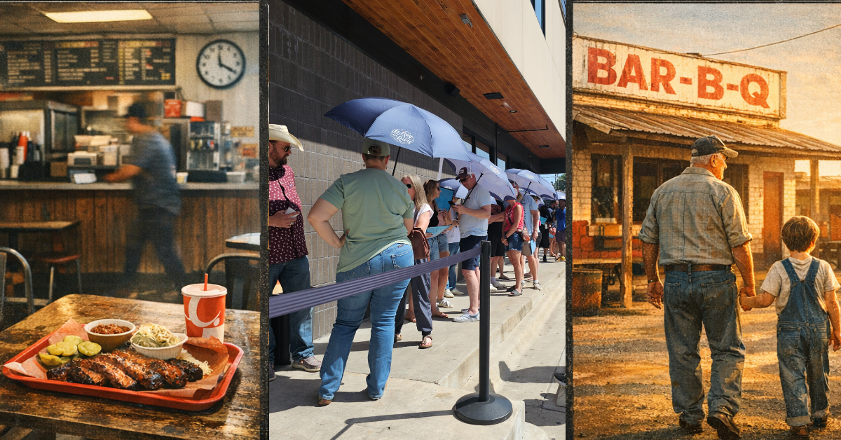 Illustration of people waiting in line at a classic Texas BBQ joint, showing different generations and a weathered pit building.
