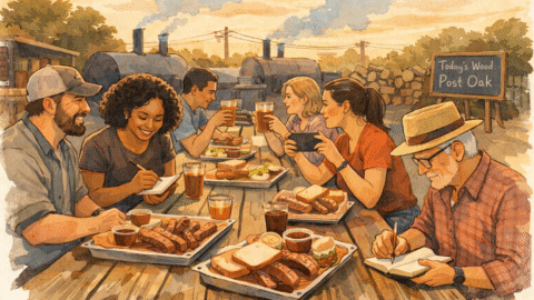 Illustration of people sharing BBQ at a Texas barbecue joint, focusing on memory, atmosphere, and personal experience rather than rankings.