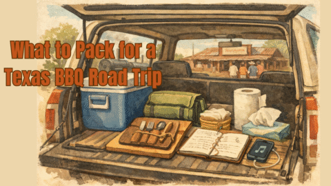 Illustrated Texas BBQ road trip packing scene with a cooler, folding chairs, BBQ journal, and smokers in the background