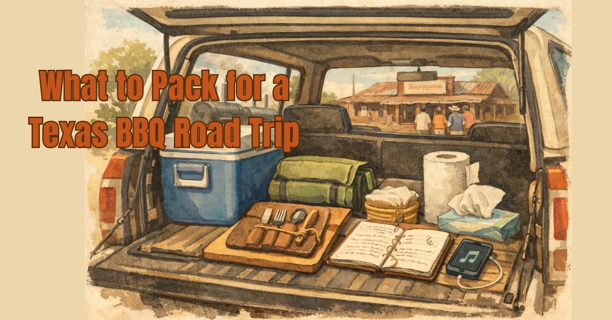 Illustrated Texas BBQ road trip packing scene with a cooler, folding chairs, BBQ journal, and smokers in the background