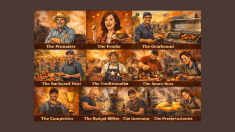 Collage showing different BBQ enthusiast types, Pitmaster, Foodie, Gearhound, Backyard Host, Traditionalist, Sauce Boss, Innovator, Competitor, Budget BBQer, Preservationist