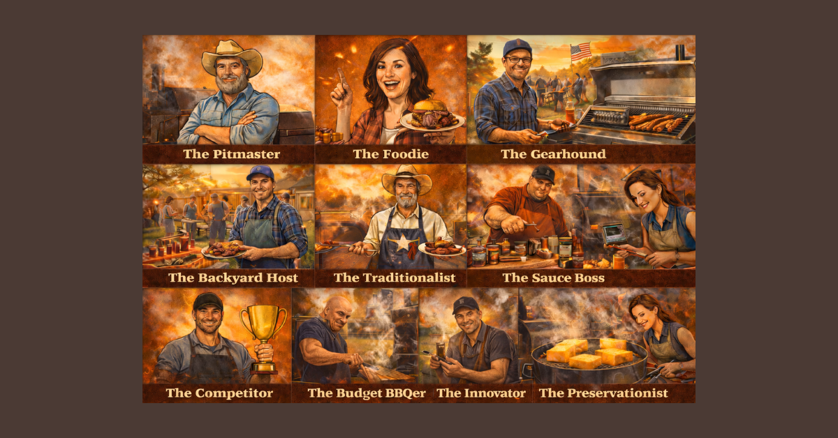 Collage showing different BBQ enthusiast types, Pitmaster, Foodie, Gearhound, Backyard Host, Traditionalist, Sauce Boss, Innovator, Competitor, Budget BBQer, Preservationist