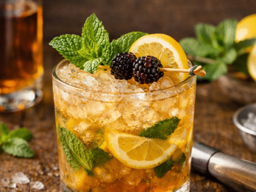 Bourbon Smash cocktail with crushed ice, fresh mint, lemon slices, and blackberries in a rocks glass on a rustic wooden table