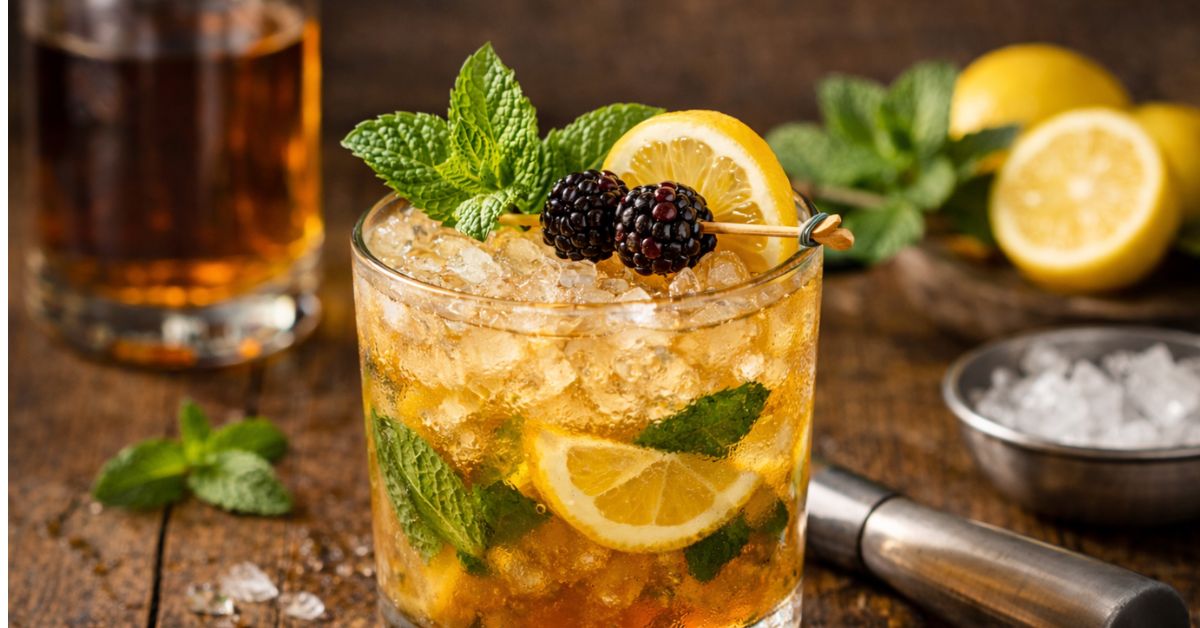Bourbon Smash cocktail with crushed ice, fresh mint, lemon slices, and blackberries in a rocks glass on a rustic wooden table