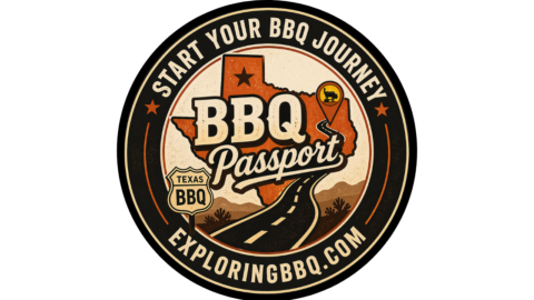 Hero image for ExploringBBQ BBQ Passport featuring a round vintage-style badge with a Texas map, winding road, and the phrase Start Your BBQ Journey