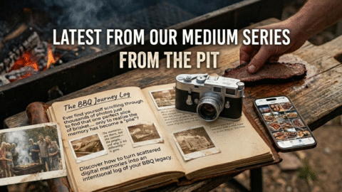 Hero image for the From the Pit Medium series featuring an open vintage journal, a film camera, and a smartphone displaying a BBQ photo grid over a rustic outdoor smoker.