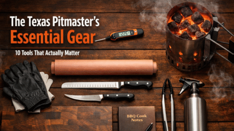 Texas pitmaster essential BBQ tools arranged on a dark wood butcher block background, featuring thermometer, scalloped slicer, boning knife, butcher paper, gloves, tongs, spritz bottle, cutting board, chimney starter, and BBQ cook notebook with warm fire-lit highlights.