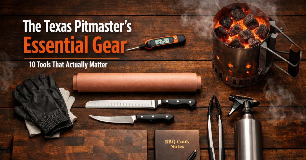 Texas pitmaster essential BBQ tools arranged on a dark wood butcher block background, featuring thermometer, scalloped slicer, boning knife, butcher paper, gloves, tongs, spritz bottle, cutting board, chimney starter, and BBQ cook notebook with warm fire-lit highlights.