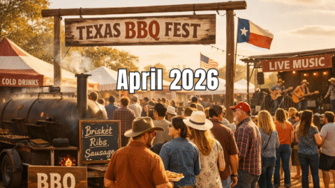 People lining up for barbecue at a Texas BBQ festival with offset smokers, festival tents, and live music in warm afternoon light