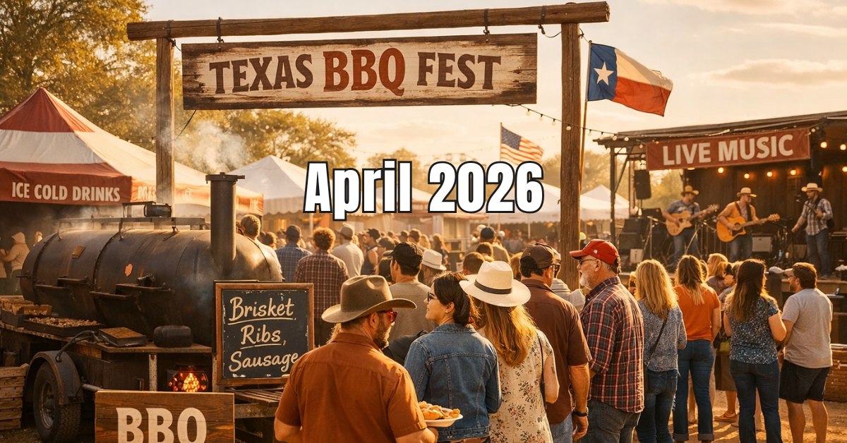 People lining up for barbecue at a Texas BBQ festival with offset smokers, festival tents, and live music in warm afternoon light