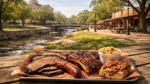 Barbecue tray with brisket, ribs, sausage, corn side, and dessert beside a Texas creek in a small-town setting