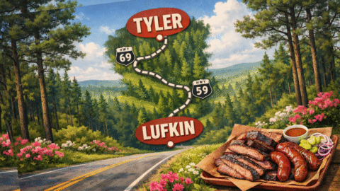 Illustrated East Texas road trip map showing Tyler and Lufkin with pine trees, blooming azaleas, and barbecue imagery