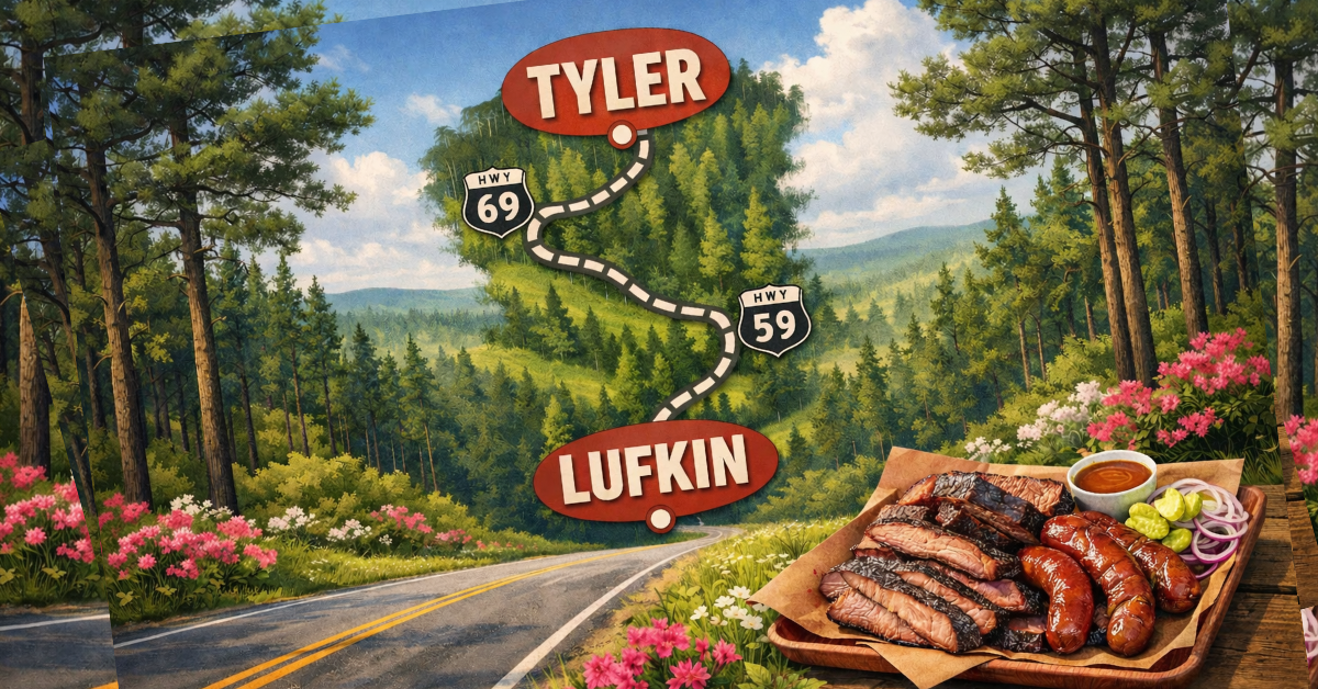 Illustrated East Texas road trip map showing Tyler and Lufkin with pine trees, blooming azaleas, and barbecue imagery