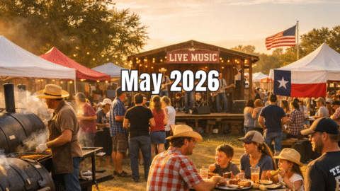 Texas BBQ festival scene with offset smokers, festival tents, live music stage, and barbecue fans enjoying a summer outdoor event in Texas