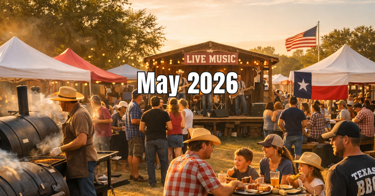 Texas BBQ festival scene with offset smokers, festival tents, live music stage, and barbecue fans enjoying a summer outdoor event in Texas