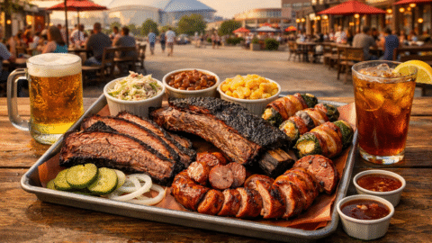 Editorial-style Texas BBQ tray in Arlington with brisket, beef ribs, sausage, stuffed jalapeños, and sides in a game-day entertainment district setting.