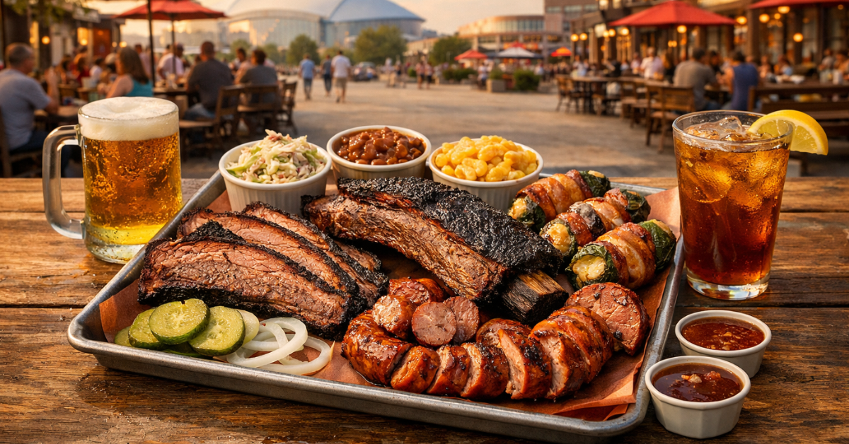 Editorial-style Texas BBQ tray in Arlington with brisket, beef ribs, sausage, stuffed jalapeños, and sides in a game-day entertainment district setting.
