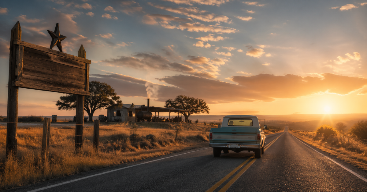 Vintage pickup truck driving down a rural Texas highway at sunrise with a roadside BBQ stop in the distance