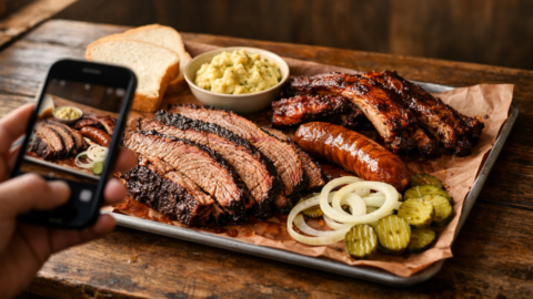 Hand holding a smartphone above a Texas BBQ tray with brisket, ribs, sausage, pickles, onions, white bread, potato salad, and beans in soft natural window light