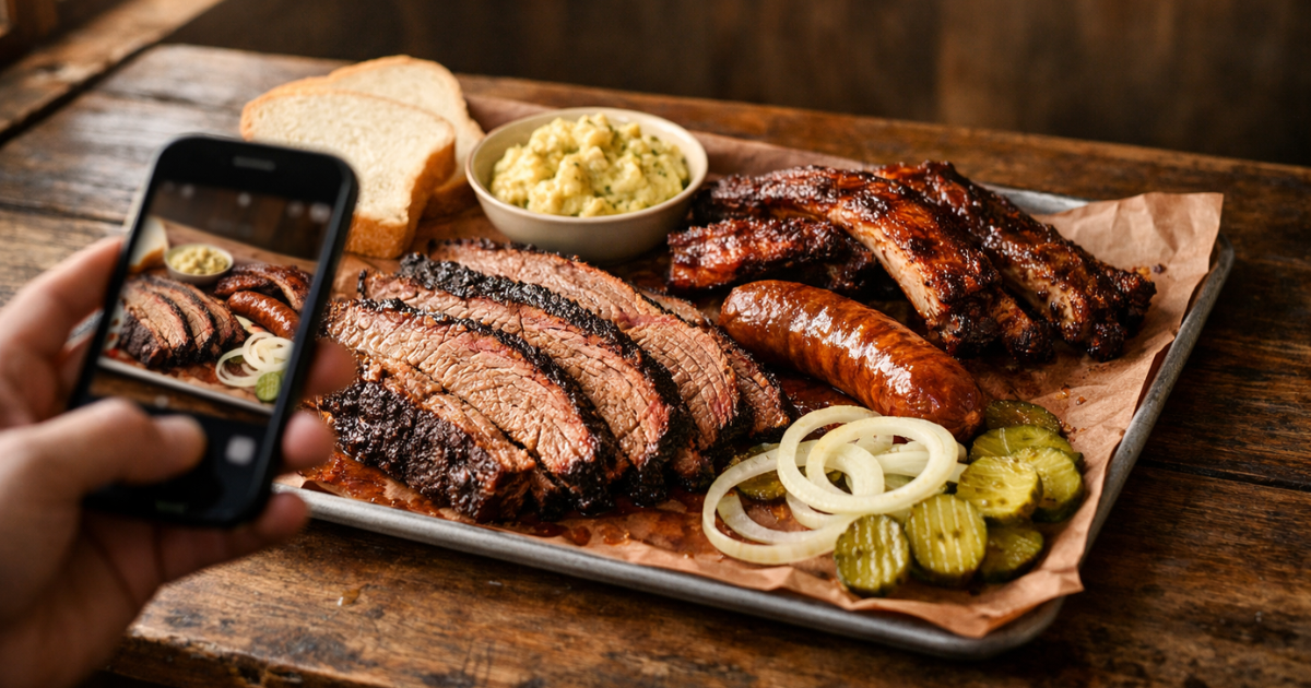 Hand holding a smartphone above a Texas BBQ tray with brisket, ribs, sausage, pickles, onions, white bread, potato salad, and beans in soft natural window light