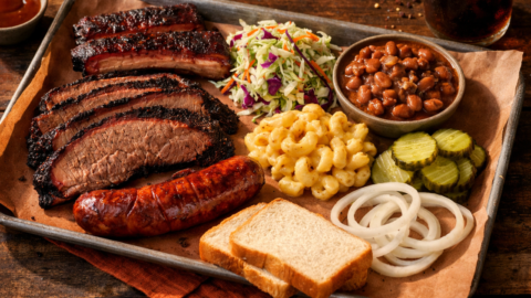 Texas BBQ tray with brisket ribs sausage pinto beans slaw mac and cheese pickles onions and white bread