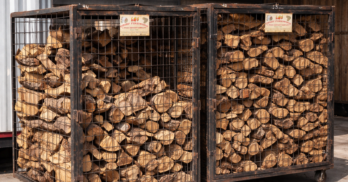 Metal firewood storage cages filled with split hardwood logs used for Texas barbecue smoking