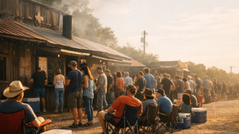 Long morning line outside a popular Texas barbecue joint with folding chairs and coolers