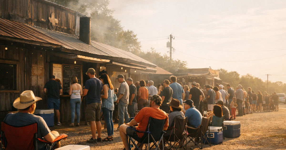 Long morning line outside a popular Texas barbecue joint with folding chairs and coolers