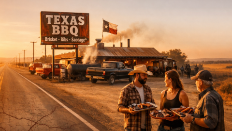 Texas BBQ road trip scene with roadside barbecue joint, offset smoker, pickup trucks, and people eating brisket at sunset
