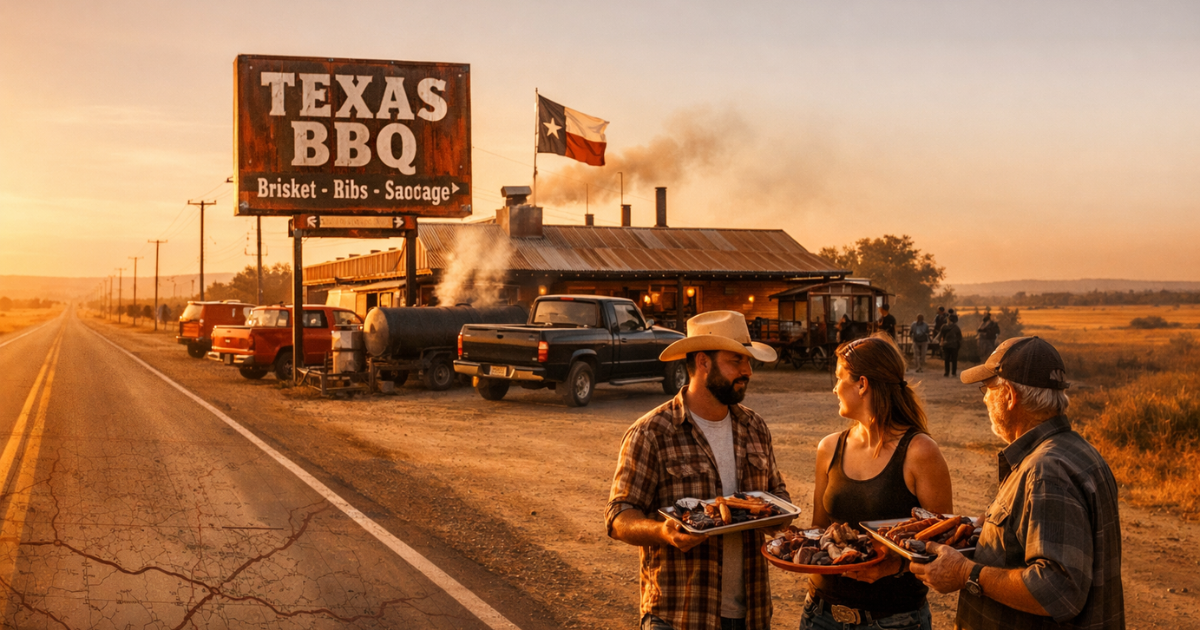 Texas BBQ road trip scene with roadside barbecue joint, offset smoker, pickup trucks, and people eating brisket at sunset