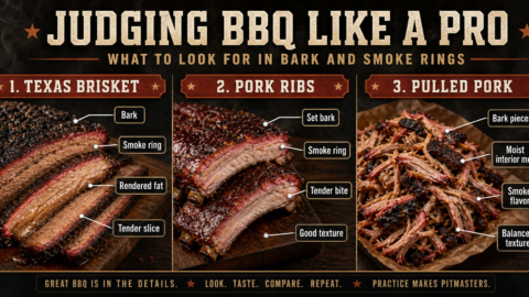 Infographic showing how to judge Texas brisket, pork ribs, and pulled pork by bark, smoke ring, texture, and rendered fat