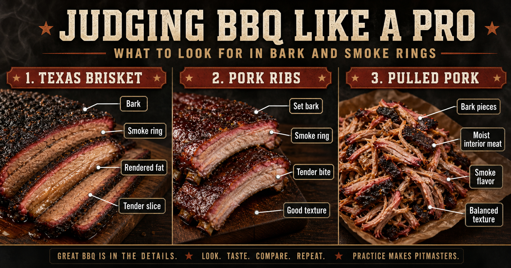 Infographic showing how to judge Texas brisket, pork ribs, and pulled pork by bark, smoke ring, texture, and rendered fat