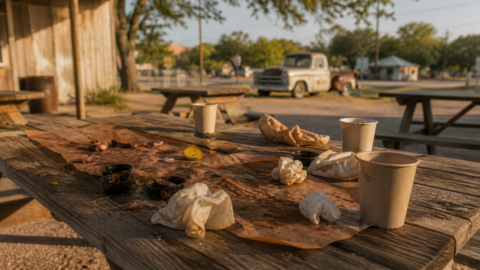 Rustic picnic table with crumpled butcher paper, empty cups, sauce cups, and napkins after a Texas BBQ meal