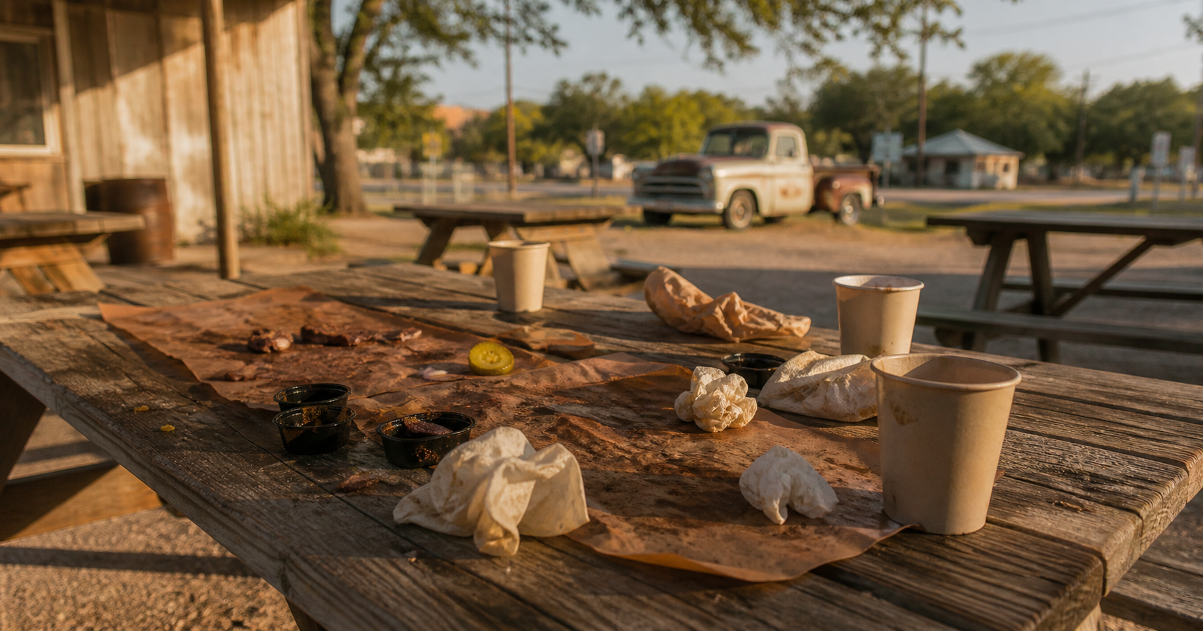 Rustic picnic table with crumpled butcher paper, empty cups, sauce cups, and napkins after a Texas BBQ meal